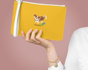 Fluff Muffin Dog Illustration Clutch Bag | Yellow Paw Print Wristlet