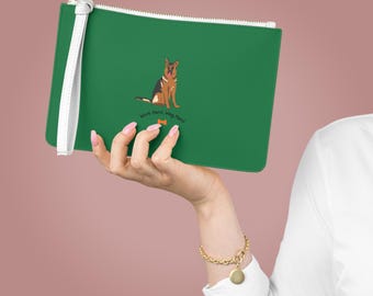 German Shepherd Illustration Clutch Bag | Green Paw Print Design