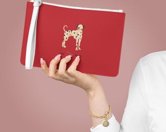 Dalmatian Illustration Clutch | Dog Lover Wristlet, Red Canvas