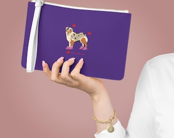 Australian Shepherd Illustration Clutch Bag | Purple paw hearts