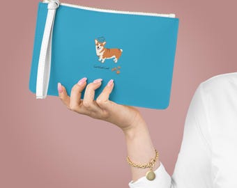 Corgi Illustration Clutch Bag | Blue Paw Print Wristlet