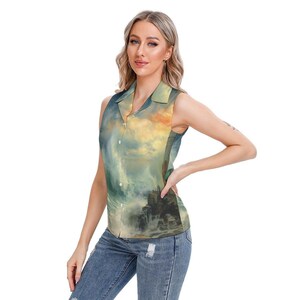 May include: A sleeveless button-down shirt featuring a printed landscape scene of a stormy ocean with crashing waves against dark cliffs under a cloudy, golden-hued sky. The garment has a classic collar and a straight hemline, showcasing a detailed artistic graphic.
