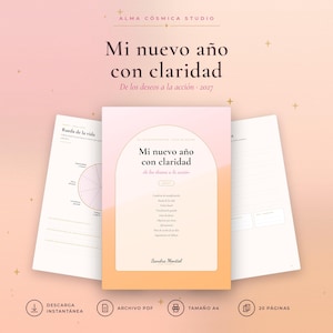 May include: A digital planner titled Mi nuevo año con claridad de los deseos a la acción 2027 by Alma Cósmica Studio. The cover features a pink and orange gradient with an arched frame, displaying a list of sections and the name Sandra Montiel.
