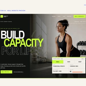 May include: A website interface design featuring a black background with bold white and lime green text that reads BUILD CAPACITY FOR LIFE. The layout includes a navigation bar, a call to action button, and a data table displaying training metrics.