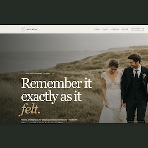 Op de afbeelding: Een website-landingspagina voor North & Vow met een foto van een koppel in trouwkleding dat door een grasveld loopt. De tekst luidt: Remember it exactly as it felt. Documentary heart. Editorial eye. Honest photographs for celebrations.