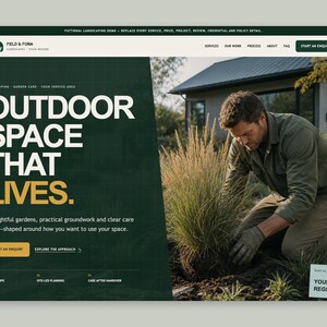 May include: A website landing page for Field & Form Landscapes featuring a dark green background with the text OUTDOOR SPACE THAT LIVES. A person in a green shirt and brown pants kneels in soil, planting a tall ornamental grass in a garden.