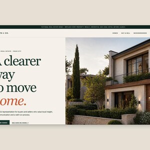 May include: A website interface for North & Co. featuring the text A clearer way to move home. The layout includes a navigation bar, a left-aligned section with dark green and orange text, and a right-aligned photograph of a two-story house.