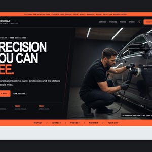以下が含まれることがあります： Obsidianという自動車スタジオのウェブサイトインターフェース。ダークテーマにオレンジのアクセントが特徴です。ページには「Precision You Can See」というテキスト、見積もりボタン、ダークグレーの車を磨く技術者の写真が表示されています。