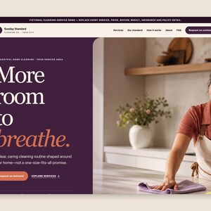 May include: A website landing page for Sunday Standard cleaning services featuring a dark purple background with the text More room to breathe. A person in a beige apron wipes a white countertop with a light purple cloth in a bright kitchen.
