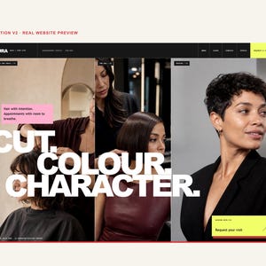 May include: A website interface preview for a hair salon named Aura, featuring the bold white text CUT. COLOUR. CHARACTER. over three vertical panels showing hair styling processes, a pink text box, and a bright yellow Request your visit button.