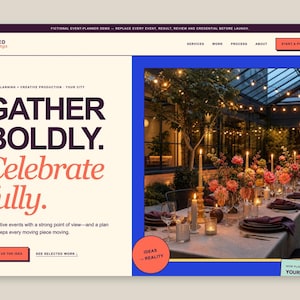 May include: A website landing page for Kindred Gatherings featuring the text GATHER BOLDLY. Celebrate fully. The design includes a cream background, a blue frame, and a photograph of a long dining table set with flowers, candles, and glassware.
