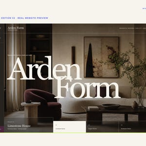 May include: A website interface preview for Arden Form featuring a dark sidebar with navigation, large white serif typography, and a hero image of a living room with a dark armchair, a light sofa, a wooden coffee table, and a tall plant.
