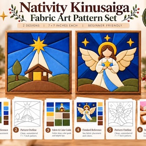 Könnte beinhalten: Ein Nativity Kinusaiga Stoffkunst-Musterset mit zwei 17,78 x 17,78 cm großen Designs: ein Stall mit Stern und ein Engel. Enthält fertige Referenzen, Mustervorlagen, Stofffarben-Anleitungen und eine Schritt-für-Schritt-Anleitung.