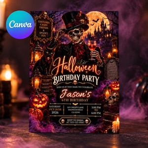 Puede incluir: Una invitación para la fiesta de cumpleaños de Halloween de Jason, 6 años, el sábado 26 de octubre de 2026. El diseño muestra un esqueleto con sombrero de copa, un gato negro, calabazas y un castillo. Texto: Costumes, Candy, Friends & Spooky Fun.
