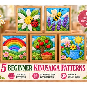 May include: Five square framed Kinusaiga patterns featuring a daisy with a ladybug, a bee with lavender, a rainbow, an apple tree, and a watering can with flowers. Text reads 5 BEGINNER KINUSAIGA PATTERNS, 7x7 INCH PATTERNS, A4 STEP-BY-STEP INSTRUCTIONS, FABRIC & COLOR GUIDE.