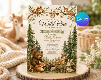 Rustic Woodland Baby Shower Invitation, Gender Neutral Adventure Forest Animals Invite, Editable Canva Template, Wild One Baby Shower Invite