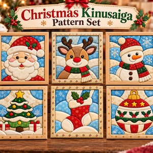 May include: A set of six square Christmas Kinusaiga pattern plaques in wooden frames. The designs feature Santa Claus, a reindeer, a snowman, a Christmas tree, a stocking, and an ornament, all set against a blue background with snowflakes.