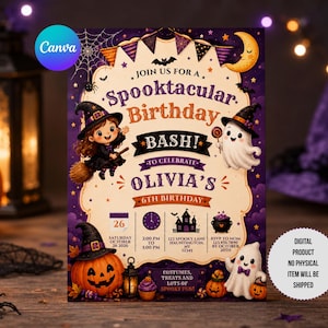 Könnte beinhalten: Eine rechteckige Geburtstagseinladungskarte zum Thema Halloween mit einer Hexe, Geistern, einem Kürbis und einem Spukhaus. Der Text lautet: JOIN US FOR A SPOOKTACULAR BIRTHDAY BASH! TO CELEBRATE OLIVIA'S 6TH BIRTHDAY, SATURDAY OCTOBER 26 2026.