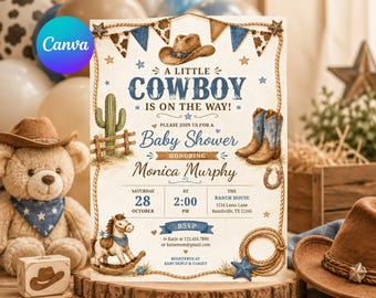 Little Cowboy Baby Shower Invitation, Rustic Western Boy Baby Shower Theme Party Invite, Editable Canva Template (Digital Download)