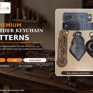 Puede incluir: Un listado de producto digital para 5 patrones de llaveros de cuero con el texto 5 PREMIUM LEATHER KEYCHAIN PATTERNS, PDF, SVG, LASER READY y 5 TESTED MODELS. La imagen muestra cinco prototipos de llaveros de cuero terminados.