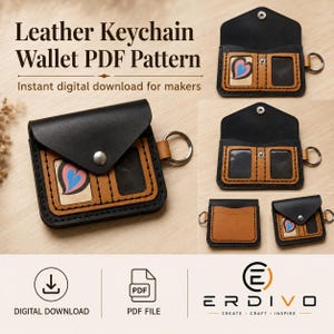 May include: A leather keychain wallet PDF pattern featuring text that reads Leather Keychain Wallet PDF Pattern, Instant digital download for makers, DIGITAL DOWNLOAD, PDF FILE, and ERDIVO CREATE CRAFT INSPIRE. The wallet is black and tan.