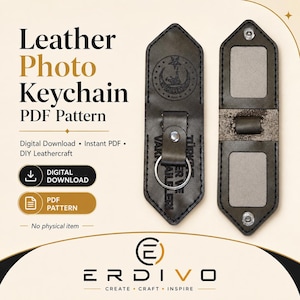 May include: A dark brown leather photo keychain PDF pattern featuring two elongated, pointed-end pieces with stitched edges, a metal ring, and snap closures. The text reads Leather Photo Keychain PDF Pattern, Digital Download, and ERDIVO.