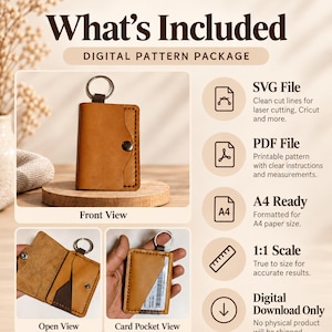 May include: A digital pattern package for a leather card holder keychain. Includes an SVG file, PDF file, A4 ready format, 1:1 scale, and digital download notice. The product features a tan leather case with a metal snap button and key ring.