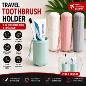 May include: A cylindrical travel toothbrush holder with a ribbed texture, available in light green, white, pink, and gray. The holder features a 2-in-1 design that functions as a storage case and a rinse cup, including a carrying strap.