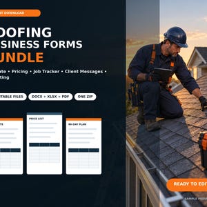 Puede incluir: Un paquete digital de formularios para empresas de techado con 16 archivos editables en formatos DOCX, XLSX y PDF. El gráfico incluye el texto Roofing Business Forms Bundle, Estimate, Pricing, Job Tracker, Client Messages y Marketing.