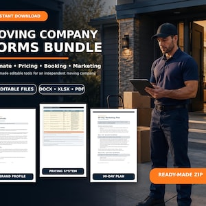 Puede incluir: Un paquete digital de formularios para empresas de mudanzas que incluye 16 archivos editables en formato DOCX, XLSX y PDF. El conjunto contiene un perfil de marca, sistema de precios y plan de marketing. Texto: "MOVING COMPANY FORMS BUNDLE".