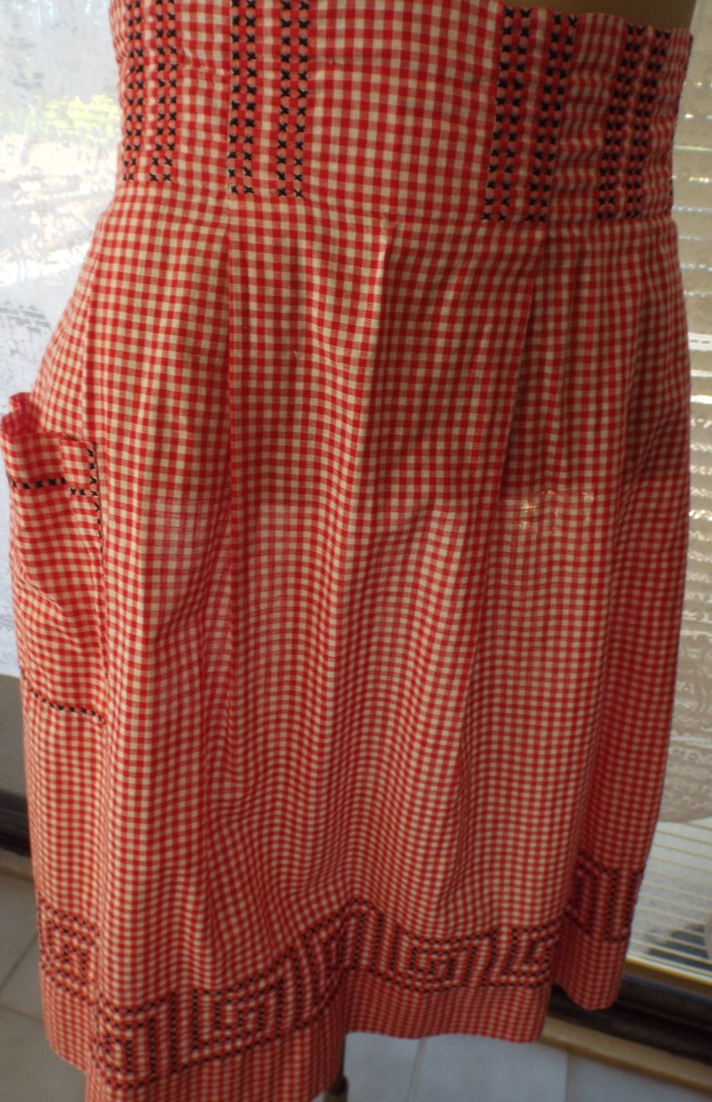 Gingham Apron Handmade Half Apron Red and White Cross Stitch Geometric Design image 1