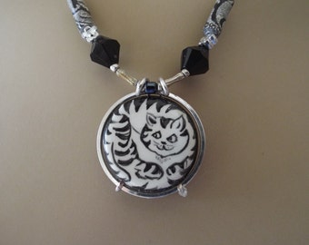 Kitty Cat Pendant Handpainted Ceramic Pendant Round Silver Plated Frame Handcrafted Necklace Black and White