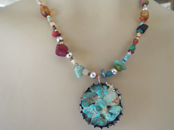 Beer Bottle Cap Pendant Turquoise Chunks Multicolor Beads Coors Light Bottle Cap