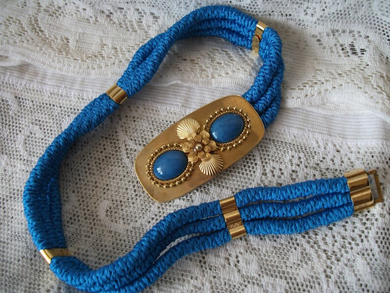 GUTOS Belt Ladies Blue Cabochon Gold Tone Buckle Adjustable Made in West-Germany image 2