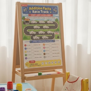 Pode incluir: Um cavalete de madeira exibindo uma folha de exercícios Addition Facts Race Track com um gráfico de carro de corrida, problemas de adição e instruções codificadas por cores. A folha apresenta uma pista sinuosa com carros numerados e um bônus.