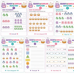 May include: A set of ten educational math worksheets titled Squishy & Dumpling Math Fun, featuring colorful cartoon characters, counting exercises, addition, subtraction, pattern recognition, shape identification, missing numbers, and ten frames.