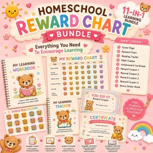 Op de afbeelding: Een 11-in-1 beloningsset voor thuisonderwijs met een spiraalgebonden werkboek, een wekelijkse beloningskaart, een leertracker, beloningsbonnen, een certificaat en een vel met berenstickers, allemaal versierd met cartoonberen.