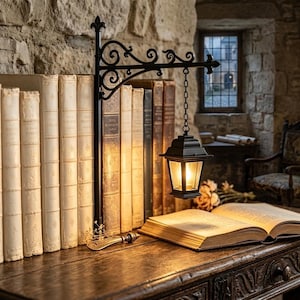 May include: A black metal lantern lamp suspended from an ornate, scroll-work wall bracket. The lamp features a classic carriage design with glass panes and a warm, glowing light, positioned next to a row of antique books on a wooden desk.