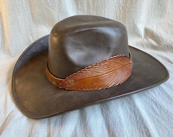 Engraved Leather Feather Hatband, Adjustable Brown Cowhide