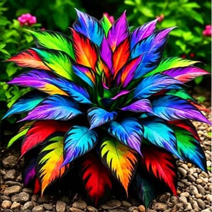May include: A vibrant plant featuring pointed, lance-shaped leaves in a spectrum of saturated colors including bright red, orange, yellow, lime green, deep blue, and purple. The foliage is arranged in a dense, symmetrical rosette pattern.
