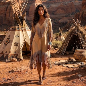 May include: A tan suede-effect dress featuring a deep V-neckline, long sleeves, and extensive fringe detailing along the chest, sleeves, and hemline. The garment reaches mid-calf and is paired with simple strappy sandals on the feet.