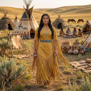 May include: A long, mustard-yellow suede dress featuring extensive fringe detailing along the sleeves and hem, accented with a turquoise and red geometric waistband and matching neckline embroidery, worn in a landscape with several teepees.