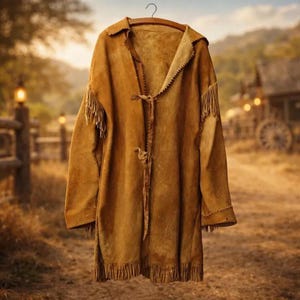 May include: A tan suede jacket featuring long sleeves, a notched collar, and decorative fringe detailing along the shoulders, sleeves, and bottom hem. The jacket includes a front tie closure with thin suede strips and a textured finish.