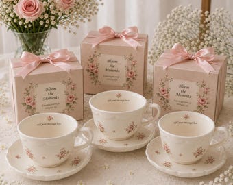 Personalized Pink Floral Tea Cup and Saucer, Hidden Message Inside, Cottagecore Gift for Her 7oz