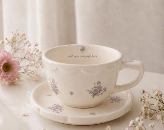 Personalized Floral Tea Cup and Saucer (2pack), Message Inside, Cottagecore Gift for Her