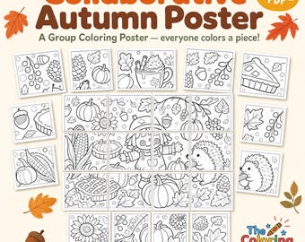 Könnte beinhalten: Ein druckbares PDF-Kollaborations-Herbstposter mit einem Raster aus schwarz-weißen Ausmalquadraten mit saisonalen Motiven wie Kürbissen, Igeln, Kuchen und Blättern. Der Text lautet Collaborative Autumn Poster und The Coloring Club.