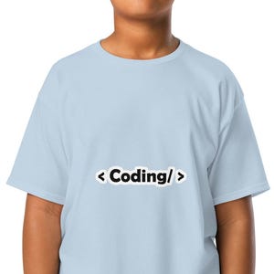May include: A light blue short-sleeved t-shirt featuring the text < Coding/ > printed in black on the center of the chest. The garment has a crew neckline and a standard fit, constructed from a solid-colored fabric with a smooth texture.