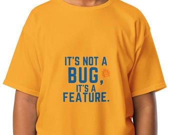 T-shirt voor jongeren met de tekst "Het is geen bug, het is een feature" (coderen), STEM-shirt voor programmeurs.