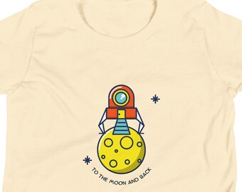 T-shirt voor jongeren met de tekst "To the Moon and Back", ontwerp met ruimteraket, katoenen T-shirt.