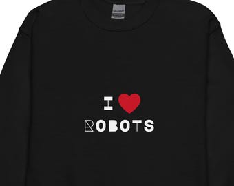 Trui met ronde hals en de tekst "I Love Robots" voor jongeren, STEM-robotica trui, kleding voor toekomstige ingenieurs en techneuten.